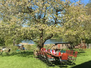 Wunderschöner Sommertag. Im Garten der Diele am See (Herzogtum Lauenburg) können Sie, umgeben von der Natur, leckere Torten und Kuchen genießen.