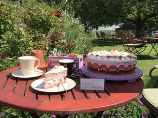 Erdbeer-Mandelbisquit Torte. Diese und weitere leckere Torten bekommen Sie in der Diele am See im Herzogtum Lauenburg 