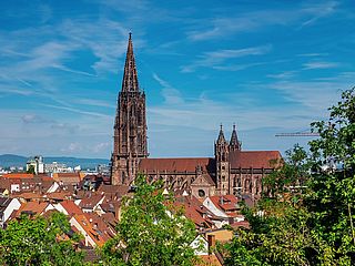 Die Stadt Freiburg aus der Vogelperspektive mit Blick auf die Freiburger Münster 